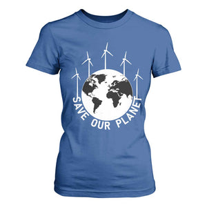 Save Our Planet T Shirt For Women Wind Power Electricity Earth Day 2025 TS02 Royal Blue Print Your Wear