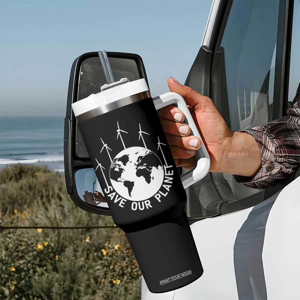 Save Our Planet Tumbler With Handle Wind Power Electricity Earth Day 2025 TS02 Print Your Wear