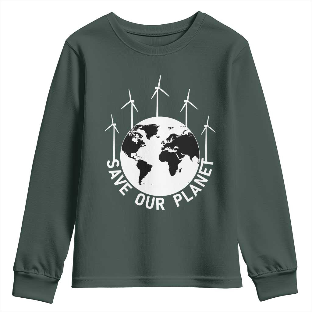 Save Our Planet Youth Sweatshirt Wind Power Electricity Earth Day 2025 TS02 Dark Forest Green Print Your Wear