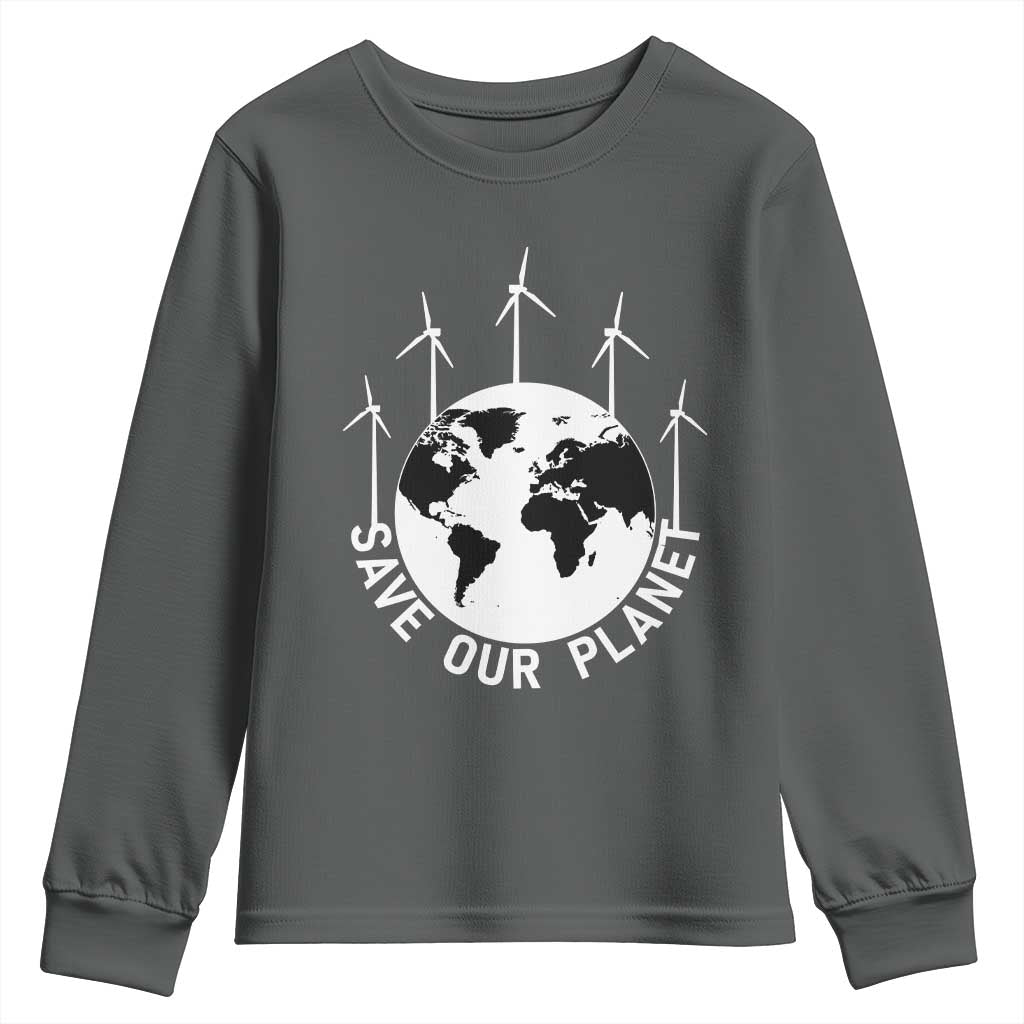 Save Our Planet Youth Sweatshirt Wind Power Electricity Earth Day 2025 TS02 Dark Heather Print Your Wear