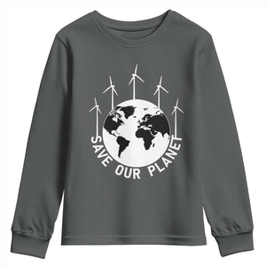 Save Our Planet Youth Sweatshirt Wind Power Electricity Earth Day 2025 TS02 Dark Heather Print Your Wear