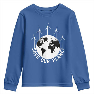 Save Our Planet Youth Sweatshirt Wind Power Electricity Earth Day 2025 TS02 Royal Blue Print Your Wear