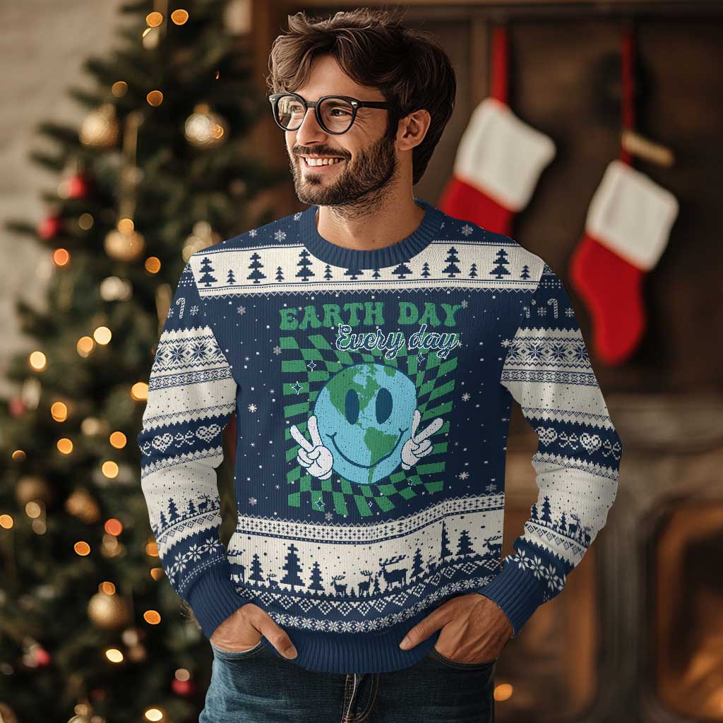 Earth Day Everyday Ugly Christmas Sweater Smile Face Hippie Planet Anniversary TS02 Navy Beige Print Your Wear