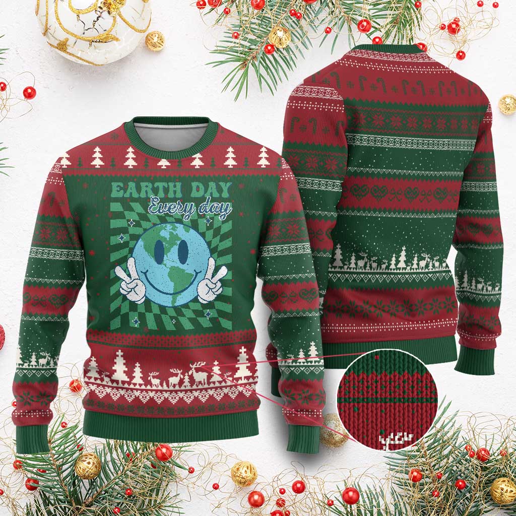 Earth Day Everyday Ugly Christmas Sweater Smile Face Hippie Planet Anniversary TS02 Red Green Print Your Wear