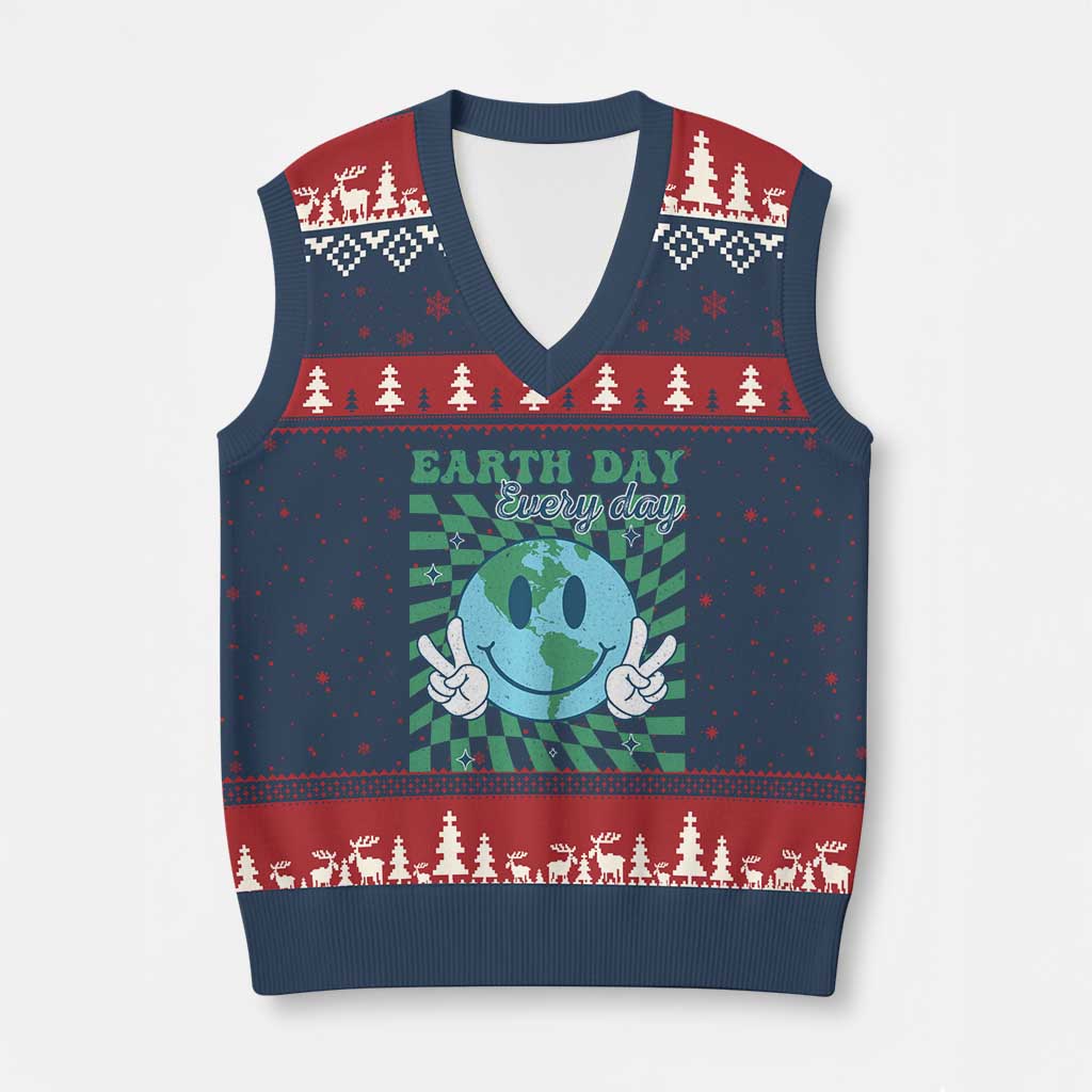 Earth Day Everyday V-Neck Knit Sweater Vest Smile Face Hippie Planet Anniversary TS02 Navy Red Print Your Wear