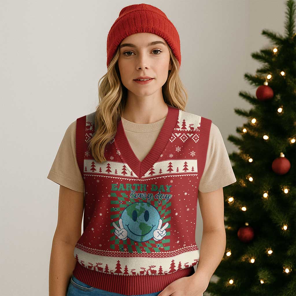 Earth Day Everyday V-Neck Knit Sweater Vest Smile Face Hippie Planet Anniversary TS02 Red Beige Print Your Wear