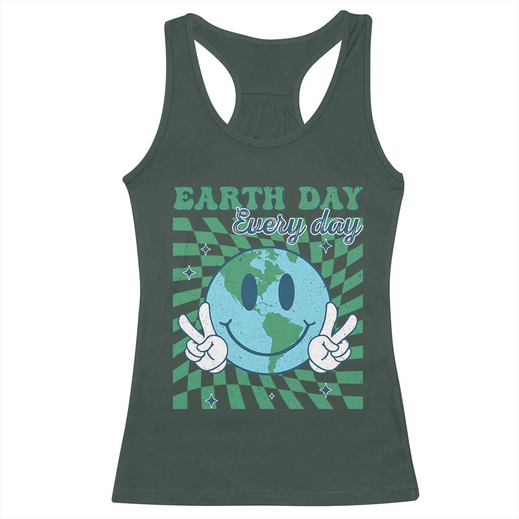 Earth Day Everyday Racerback Tank Top Smile Face Hippie Planet Anniversary TS02 Dark Forest Green Print Your Wear