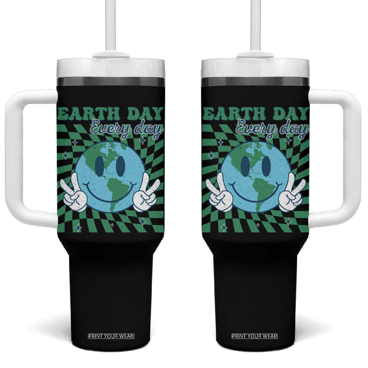 Earth Day Everyday Tumbler With Handle Smile Face Hippie Planet Anniversary TS02 One Size: 40 oz Black Print Your Wear