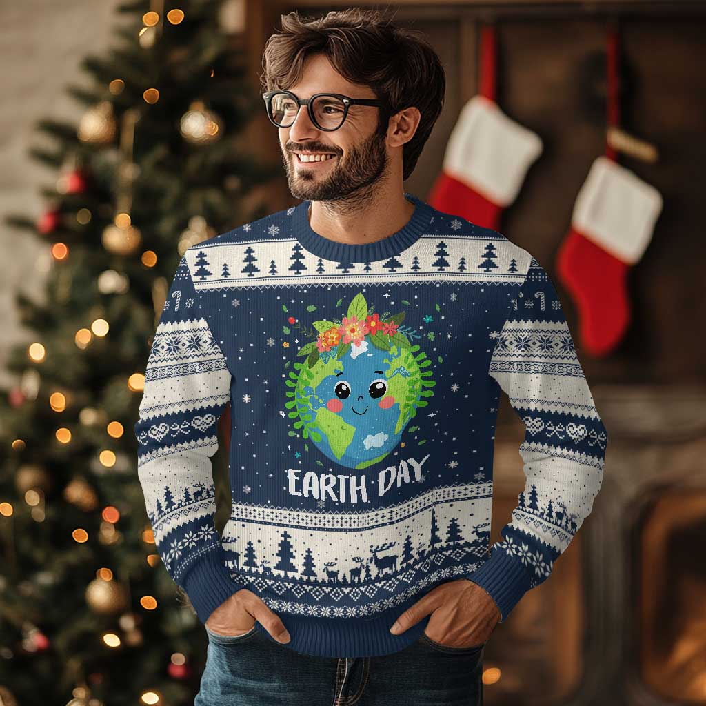Happy Earth Day Ugly Christmas Sweater Cute Earth With Floral TS02 Navy Beige Print Your Wear