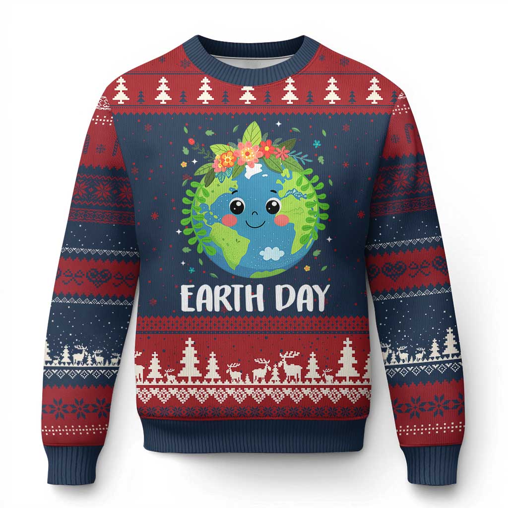Happy Earth Day Ugly Christmas Sweater Cute Earth With Floral TS02 Navy Red Print Your Wear