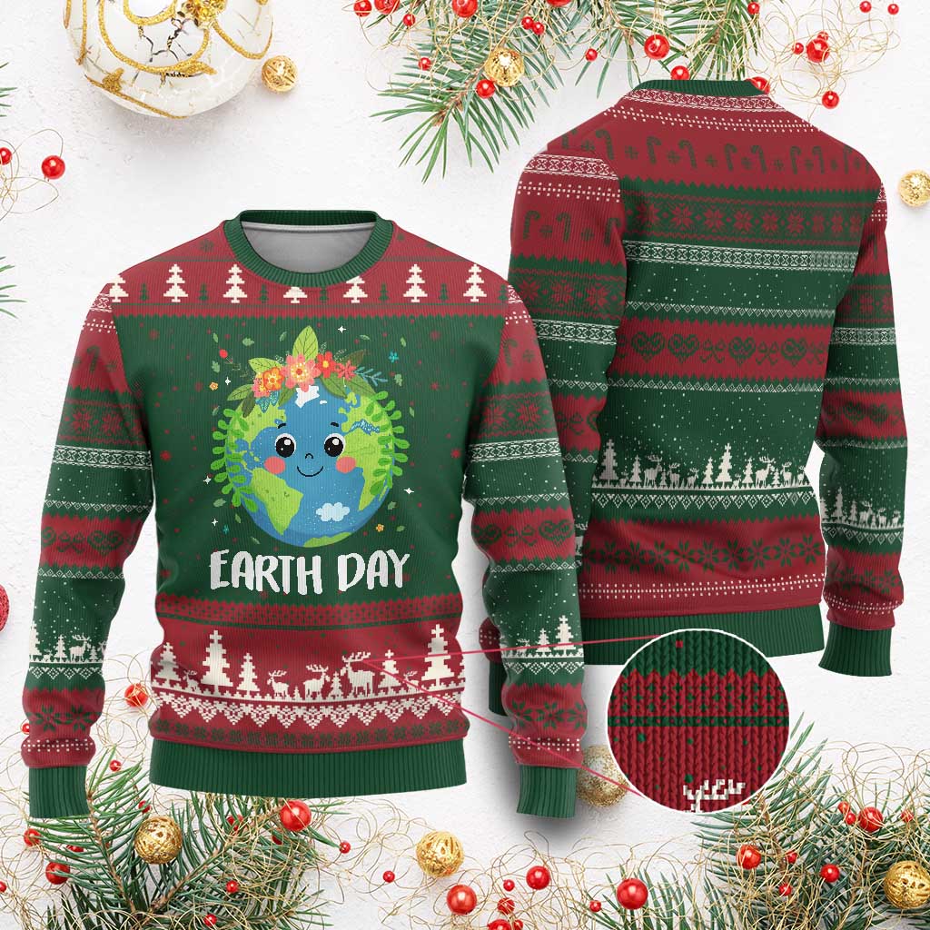 Happy Earth Day Ugly Christmas Sweater Cute Earth With Floral TS02 Red Green Print Your Wear