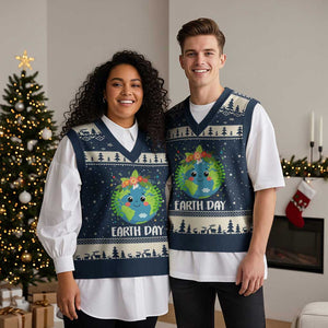 Happy Earth Day V-Neck Knit Sweater Vest Cute Earth With Floral TS02 Navy Beige Print Your Wear