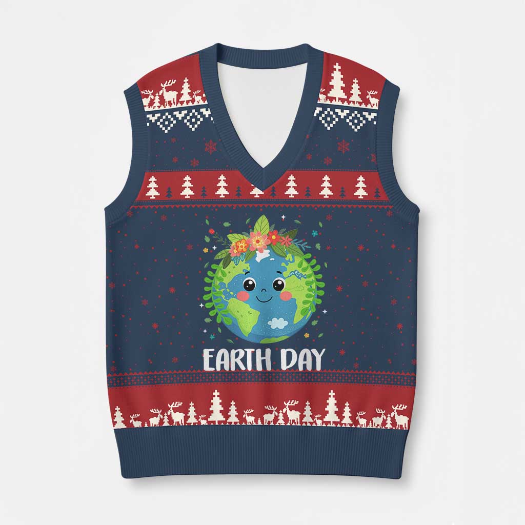 Happy Earth Day V-Neck Knit Sweater Vest Cute Earth With Floral TS02 Navy Red Print Your Wear
