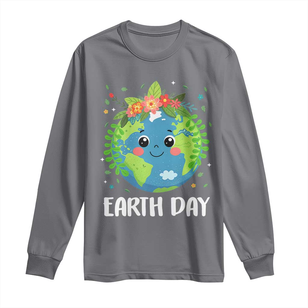 Happy Earth Day Long Sleeve Shirt Cute Earth With Floral TS02 Charcoal Print Your Wear