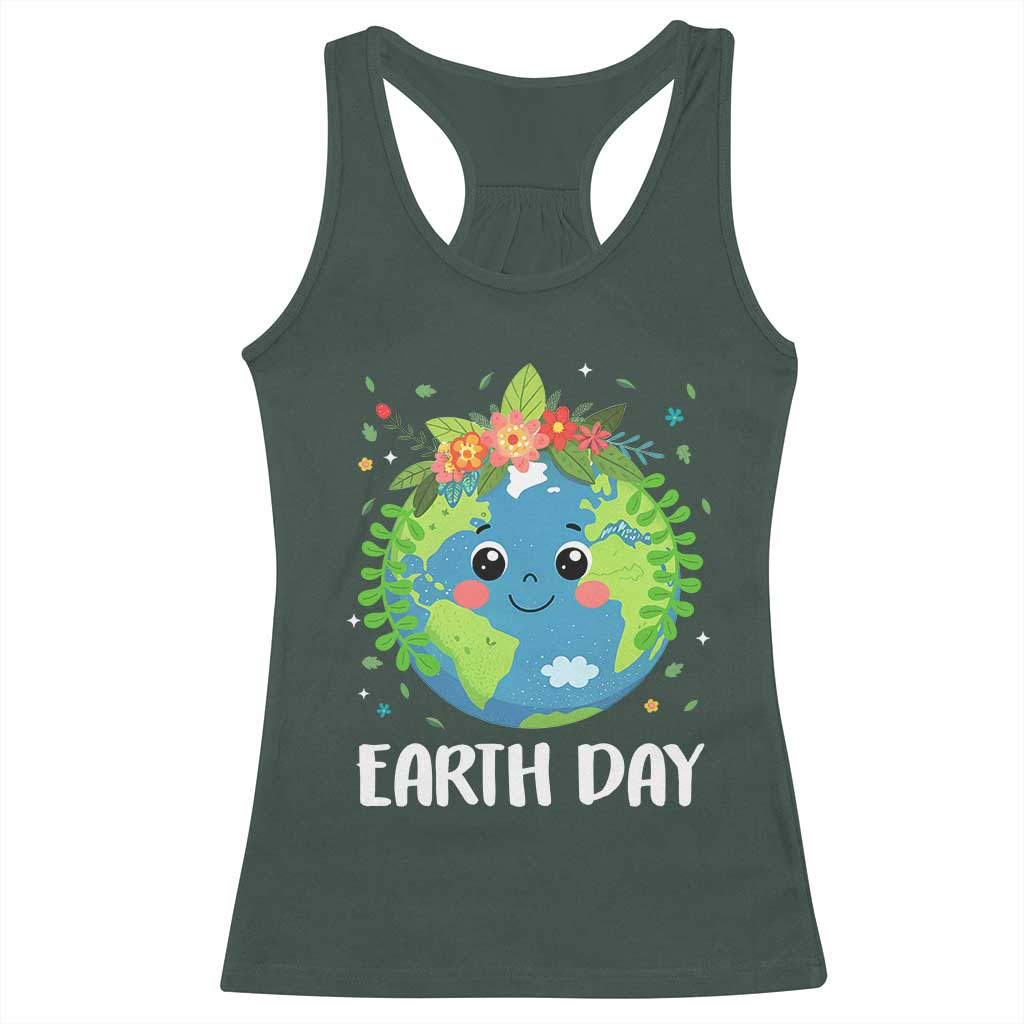 Happy Earth Day Racerback Tank Top Cute Earth With Floral TS02 Dark Forest Green Print Your Wear