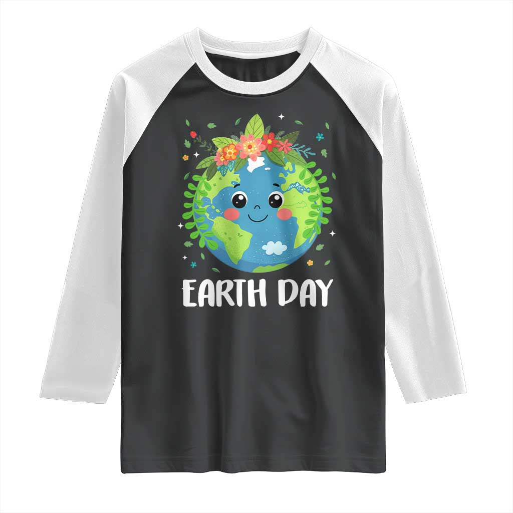 Happy Earth Day Raglan Shirt Cute Earth With Floral TS02 Black White Print Your Wear