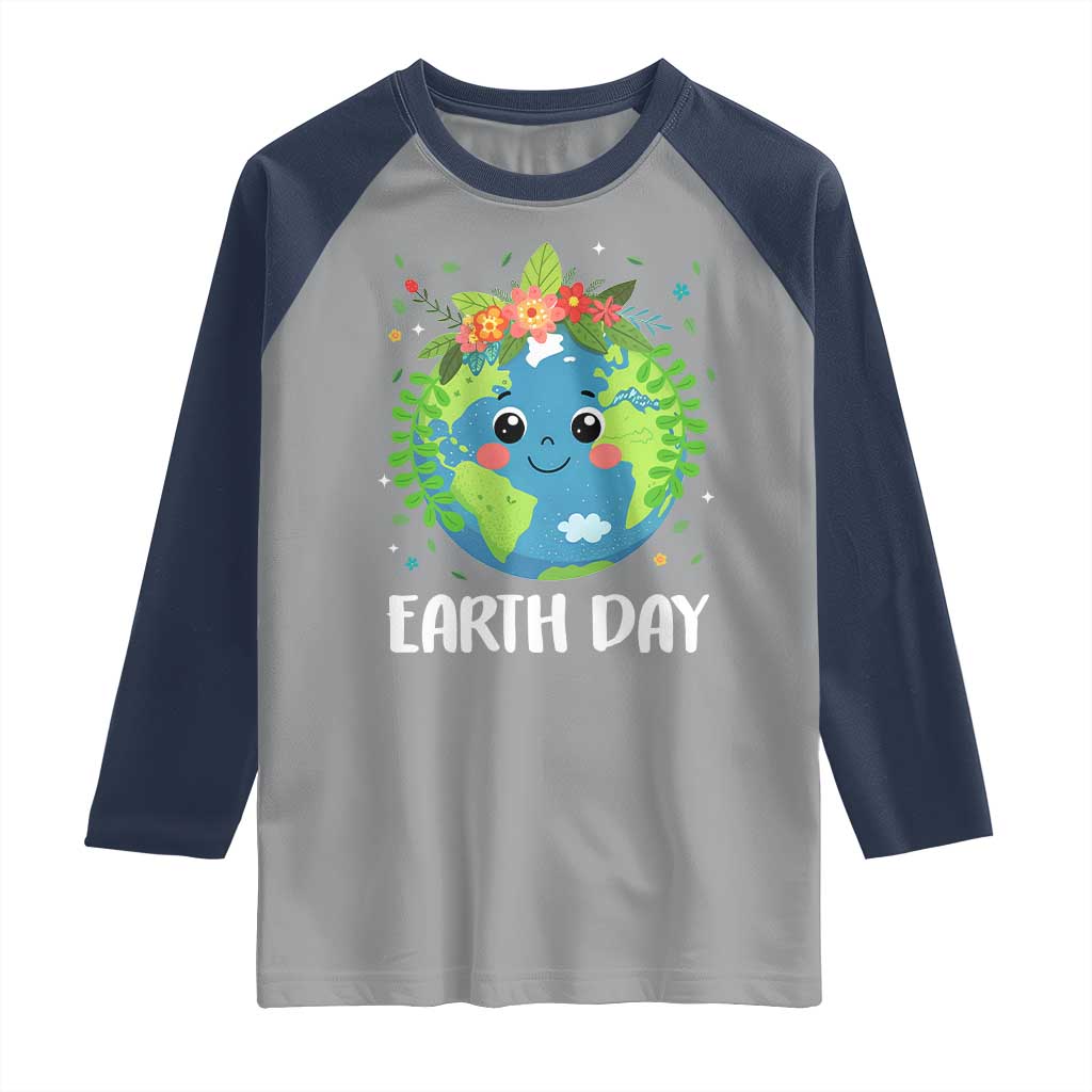 Happy Earth Day Raglan Shirt Cute Earth With Floral TS02 Sport Gray Navy Print Your Wear