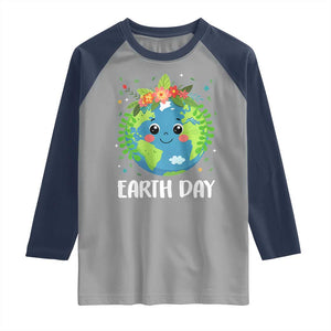 Happy Earth Day Raglan Shirt Cute Earth With Floral TS02 Sport Gray Navy Print Your Wear