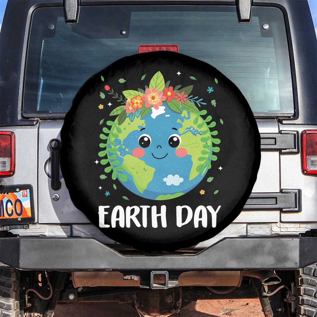 Happy Earth Day Spare Tire Cover Cute Earth With Floral TS02 No hole Black Print Your Wear