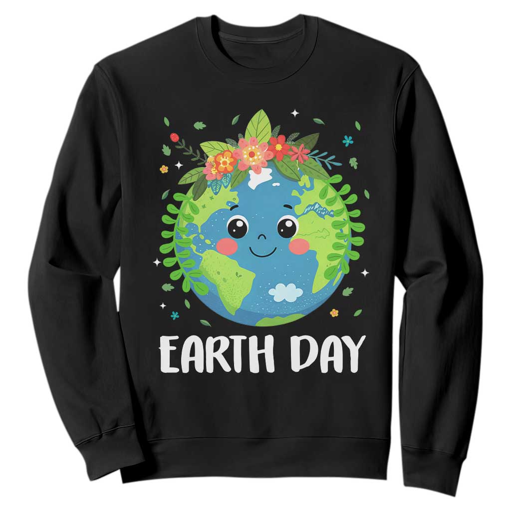 Happy Earth Day Sweatshirt Cute Earth With Floral TS02 Black Print Your Wear