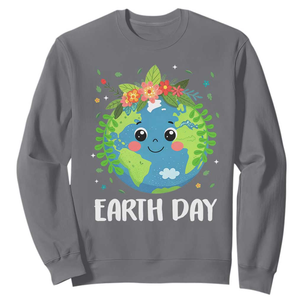 Happy Earth Day Sweatshirt Cute Earth With Floral TS02 Charcoal Print Your Wear