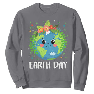 Happy Earth Day Sweatshirt Cute Earth With Floral TS02 Charcoal Print Your Wear