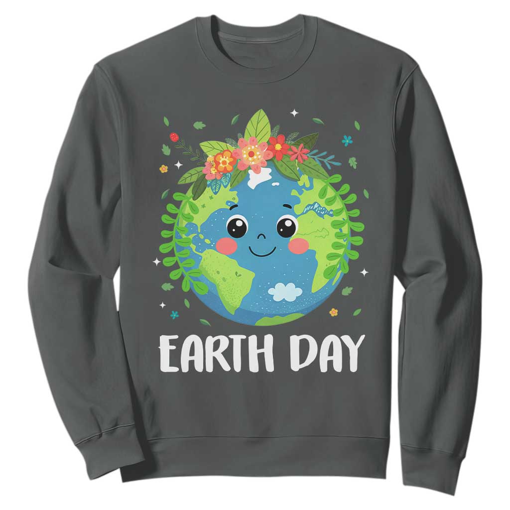 Happy Earth Day Sweatshirt Cute Earth With Floral TS02 Dark Heather Print Your Wear