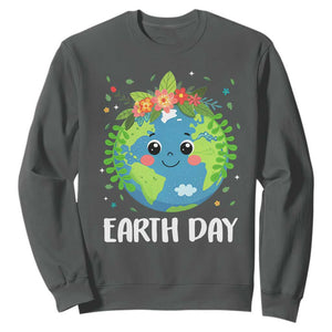 Happy Earth Day Sweatshirt Cute Earth With Floral TS02 Dark Heather Print Your Wear