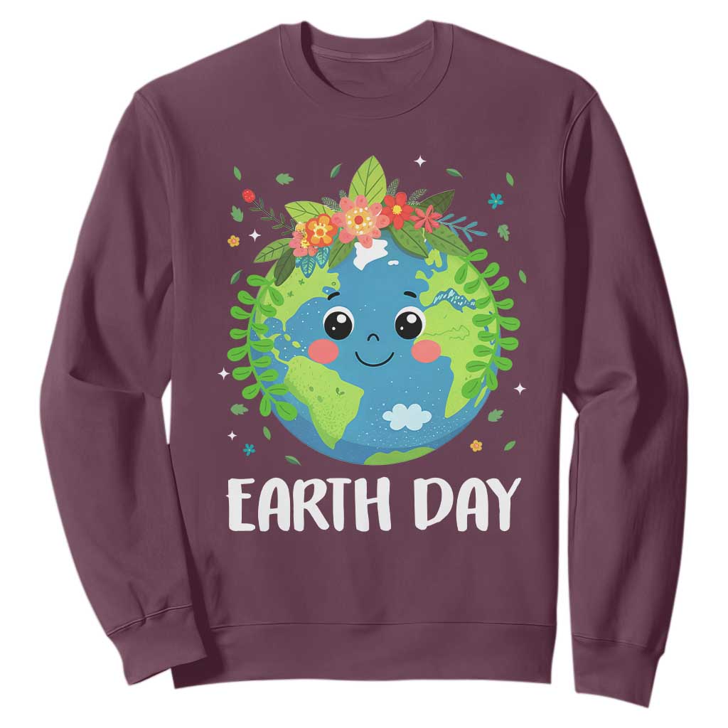 Happy Earth Day Sweatshirt Cute Earth With Floral TS02 Maroon Print Your Wear