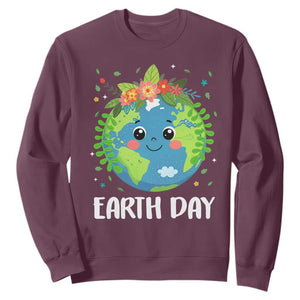 Happy Earth Day Sweatshirt Cute Earth With Floral TS02 Maroon Print Your Wear