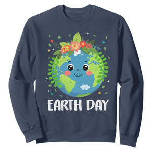 Happy Earth Day Sweatshirt Cute Earth With Floral TS02 Navy Print Your Wear