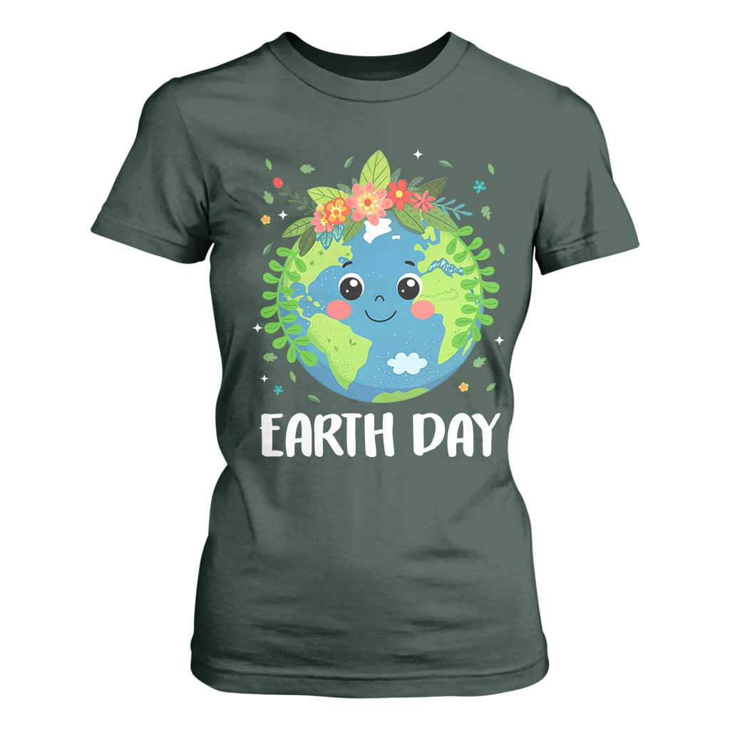 Happy Earth Day T Shirt For Women Cute Earth With Floral TS02 Dark Forest Green Print Your Wear
