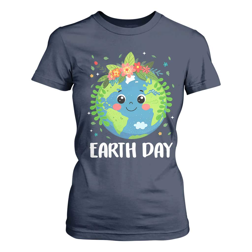 Happy Earth Day T Shirt For Women Cute Earth With Floral TS02 Navy Print Your Wear