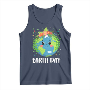 Happy Earth Day Tank Top Cute Earth With Floral TS02 Navy Print Your Wear