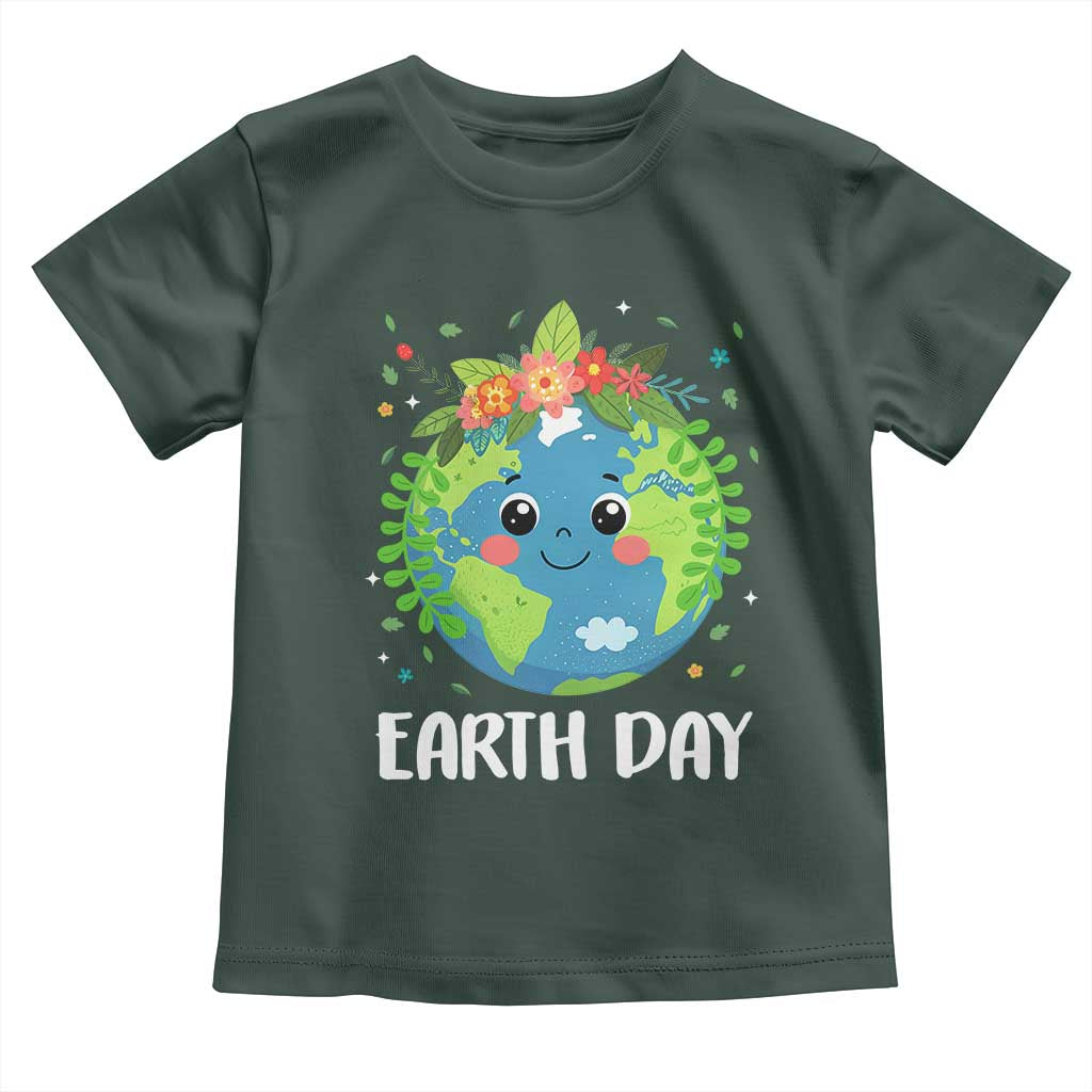 Happy Earth Day Toddler T Shirt Cute Earth With Floral TS02 Dark Forest Green Print Your Wear