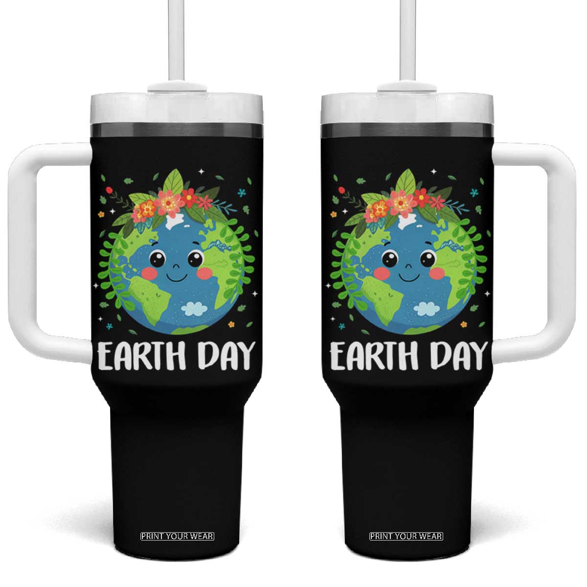 Happy Earth Day Tumbler With Handle Cute Earth With Floral TS02 One Size: 40 oz Black Print Your Wear