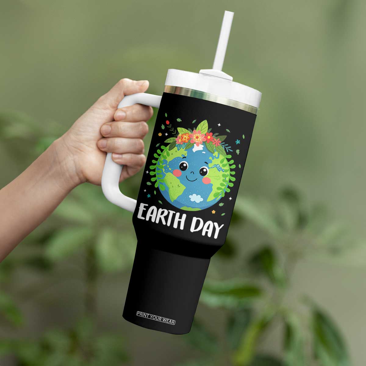Happy Earth Day Tumbler With Handle Cute Earth With Floral TS02 Print Your Wear