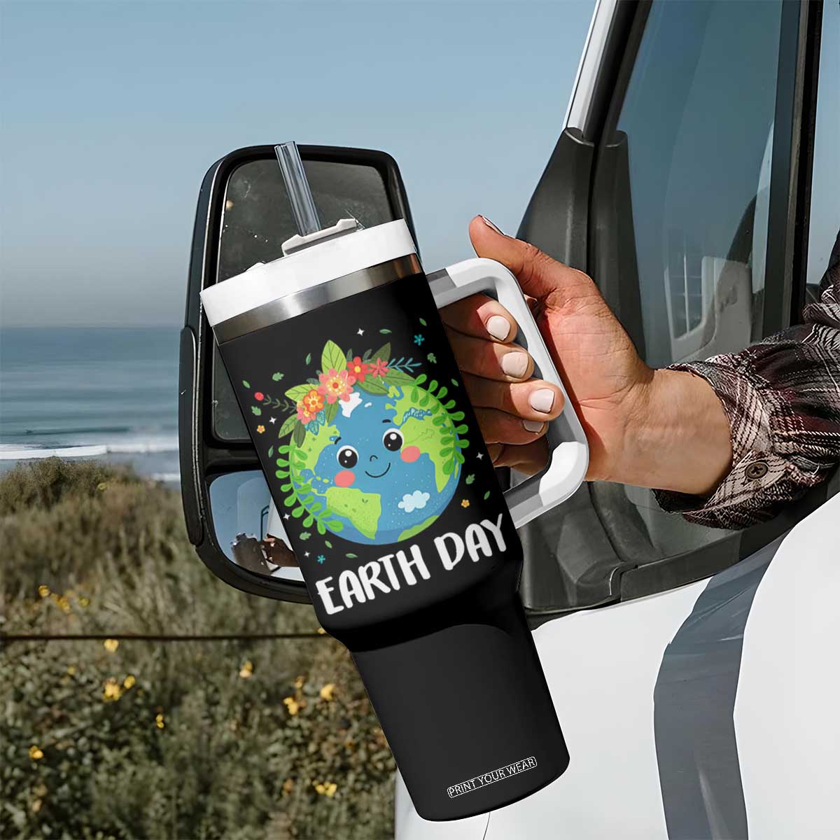 Happy Earth Day Tumbler With Handle Cute Earth With Floral TS02 Print Your Wear