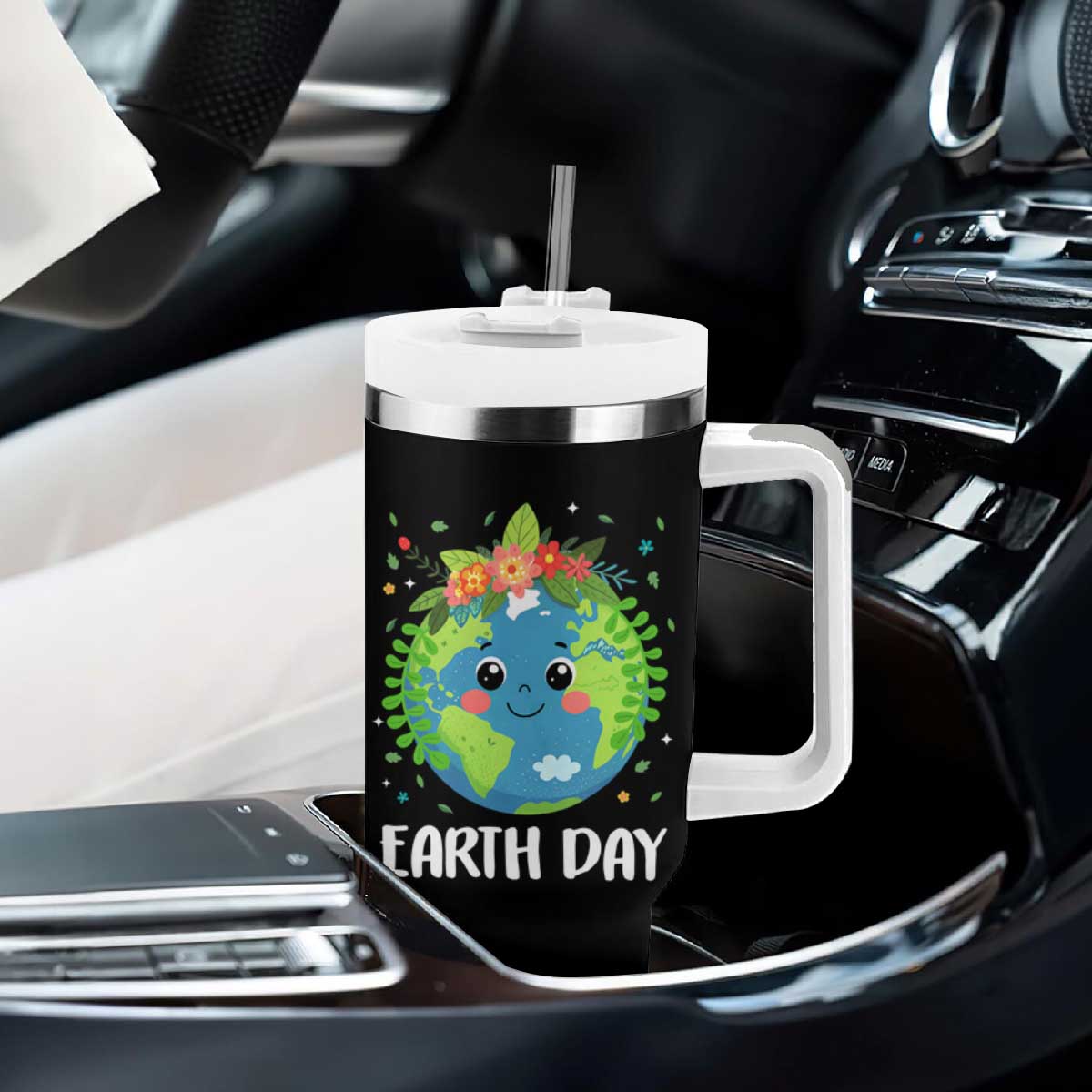 Happy Earth Day Tumbler With Handle Cute Earth With Floral TS02 Print Your Wear