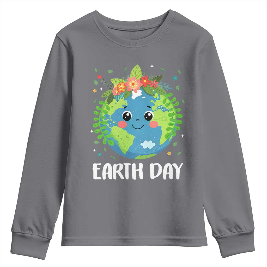 Happy Earth Day Youth Sweatshirt Cute Earth With Floral TS02 Charcoal Print Your Wear