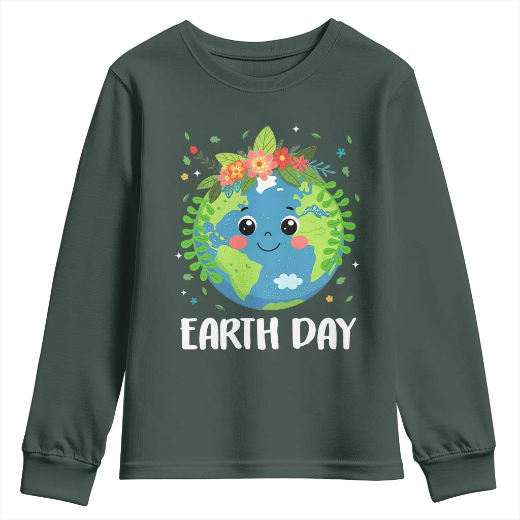 Happy Earth Day Youth Sweatshirt Cute Earth With Floral TS02 Dark Forest Green Print Your Wear
