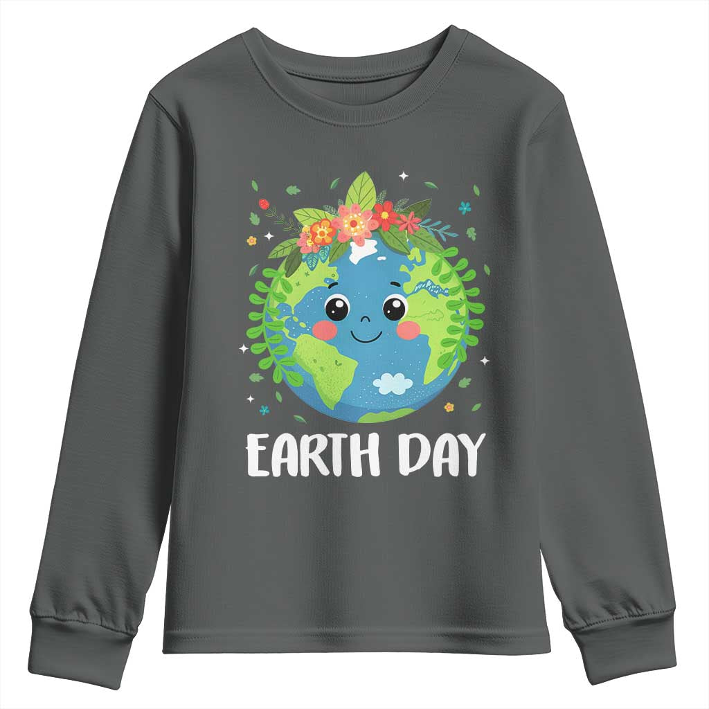 Happy Earth Day Youth Sweatshirt Cute Earth With Floral TS02 Dark Heather Print Your Wear