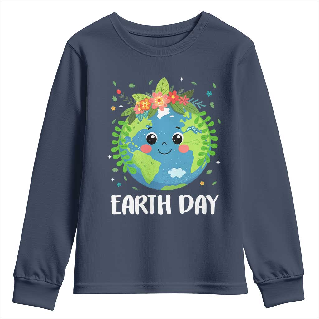 Happy Earth Day Youth Sweatshirt Cute Earth With Floral TS02 Navy Print Your Wear