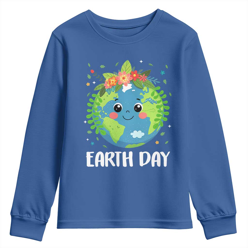 Happy Earth Day Youth Sweatshirt Cute Earth With Floral TS02 Royal Blue Print Your Wear