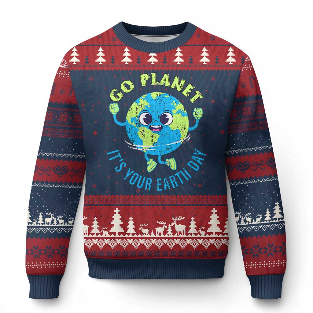 Go Planet It's Your Earth Day Ugly Christmas Sweater TS02 Navy Red Print Your Wear
