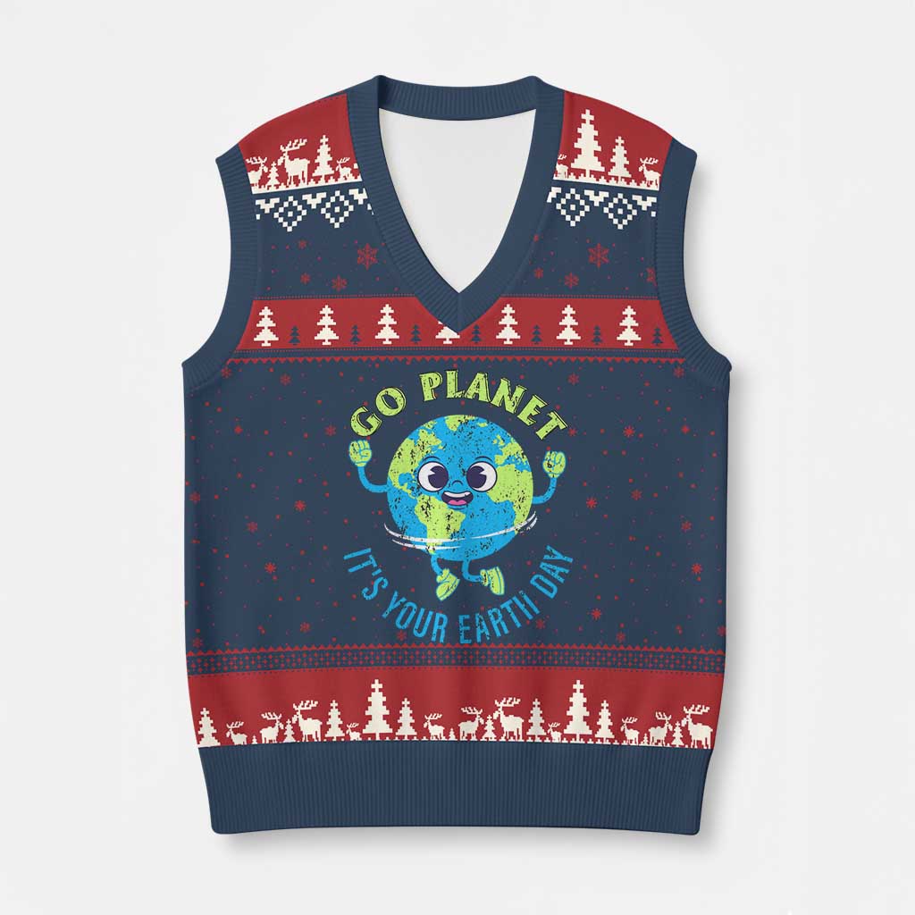 Go Planet It's Your Earth Day V-Neck Knit Sweater Vest TS02 Navy Red Print Your Wear