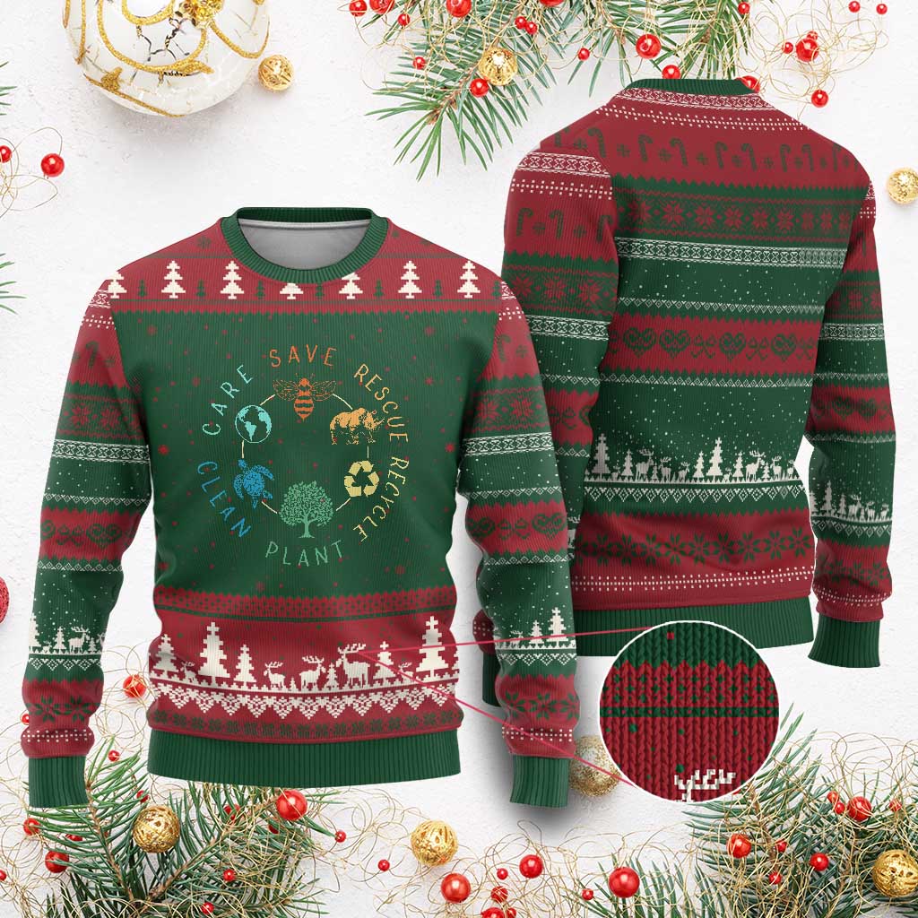 Save Bees Rescue Animals Recycle Plastic Ugly Christmas Sweater Earth Day Protect The Environment TS02 Red Green Print Your Wear