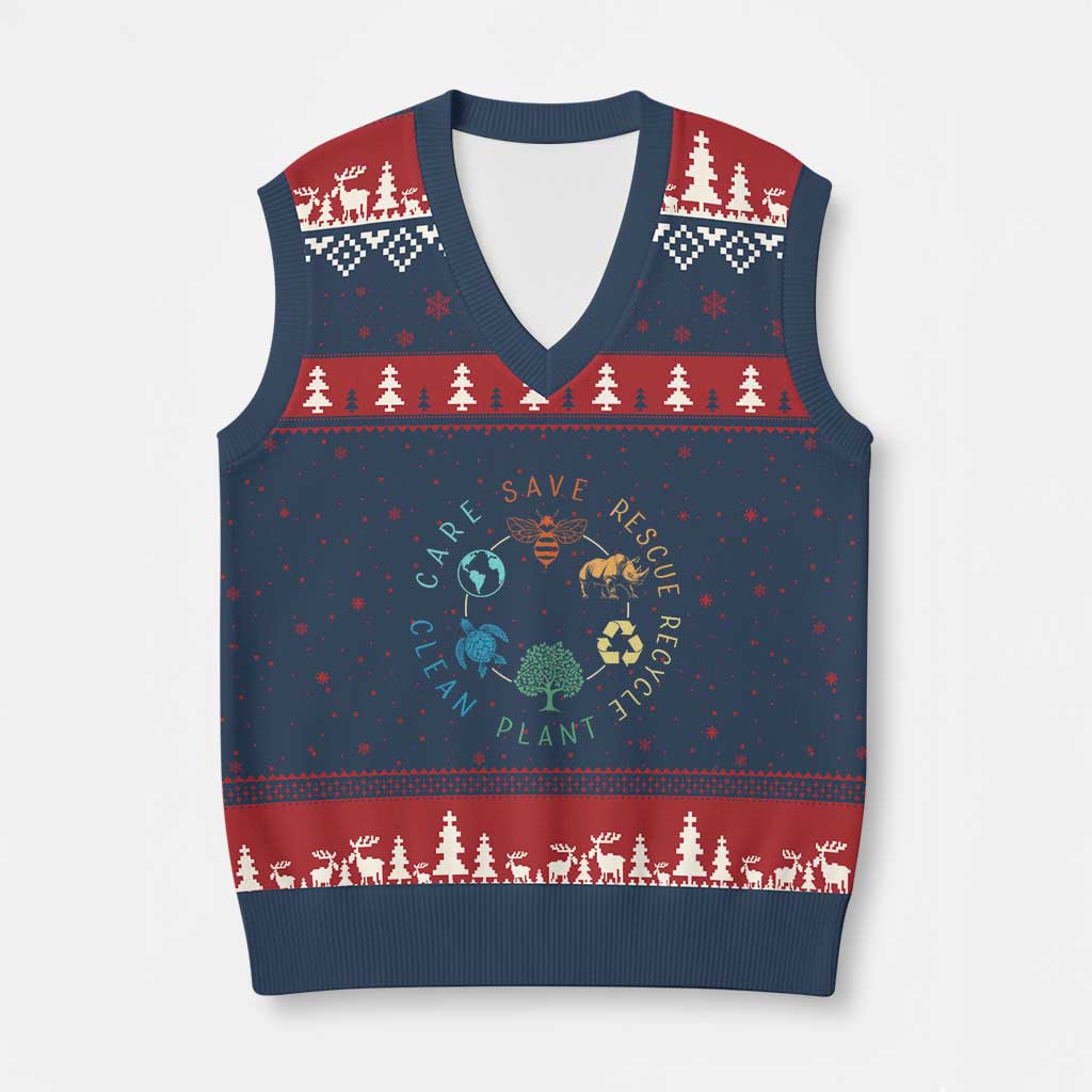 Save Bees Rescue Animals Recycle Plastic V-Neck Knit Sweater Vest Earth Day Protect The Environment TS02 Navy Red Print Your Wear