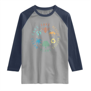 Save Bees Rescue Animals Recycle Plastic Raglan Shirt Earth Day Protect The Environment TS02 Sport Gray Navy Print Your Wear