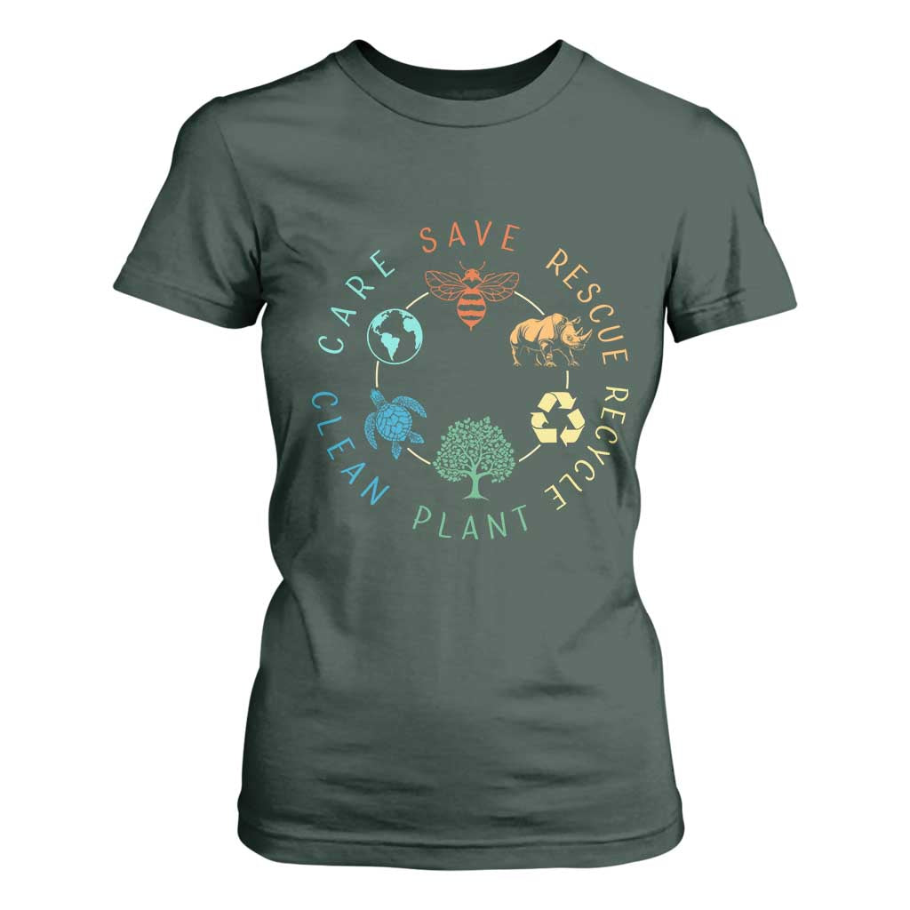Save Bees Rescue Animals Recycle Plastic T Shirt For Women Earth Day Protect The Environment TS02 Dark Forest Green Print Your Wear